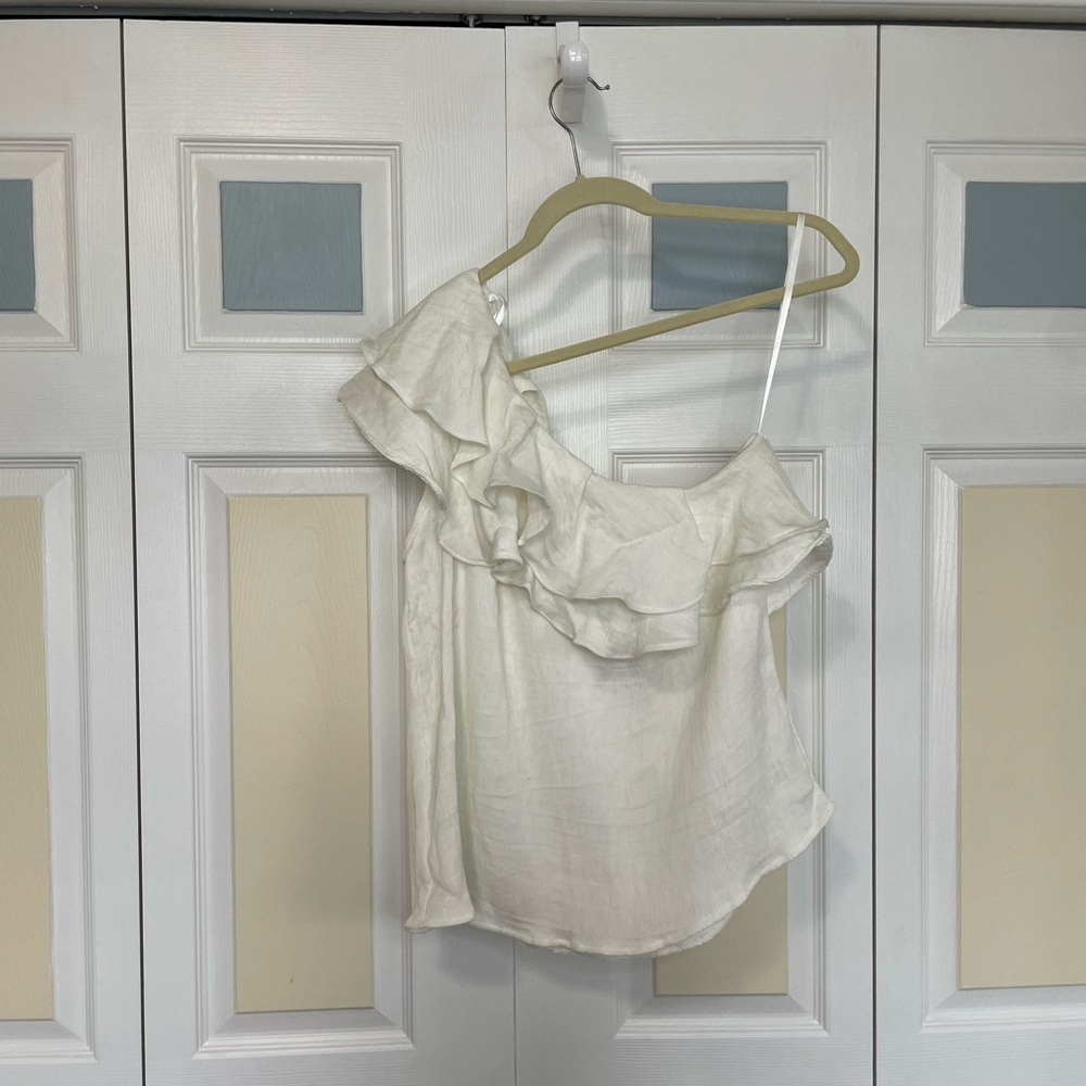 NWT eri+ali Anthropologie Cream Ruffled Asymmetrical‎ one shoulder blouse Size L